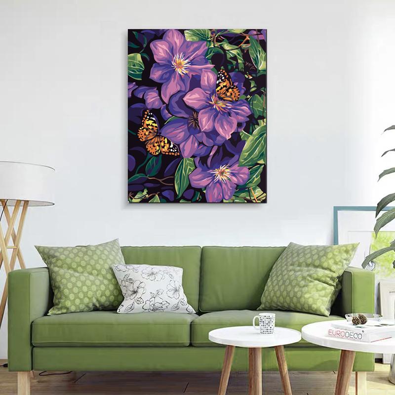 DIY Painting By Numbers - Purple flowers & butterflies (16"x20" / 40x50cm)
