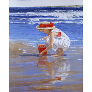 DIY Painting By Numbers -Girl picking shells  (16"x20" / 40x50cm)
