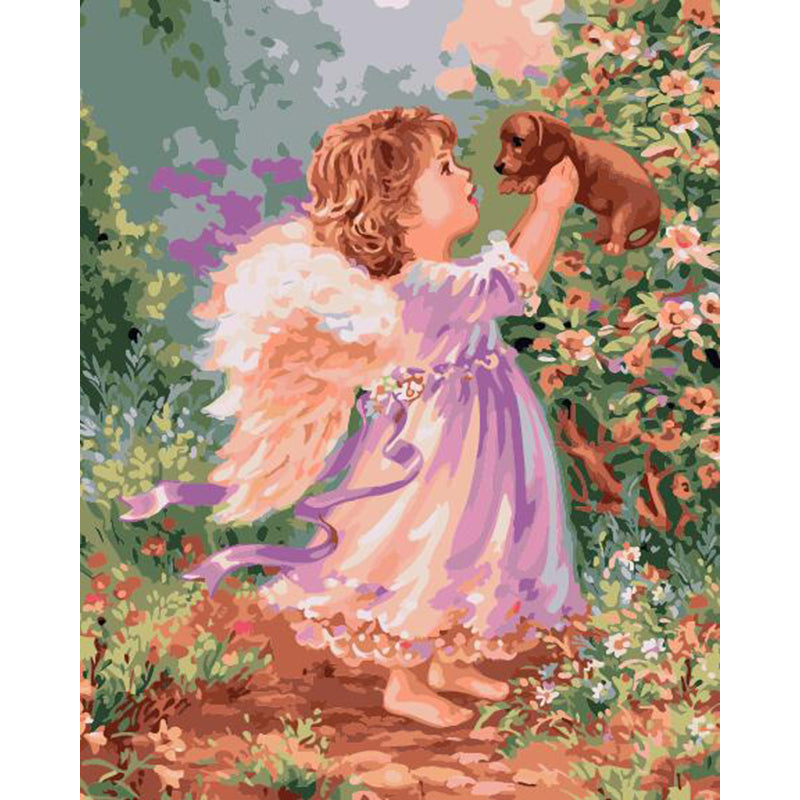 DIY Painting By Numbers - Angel Girl With Puppy (16"x20" / 40x50cm)