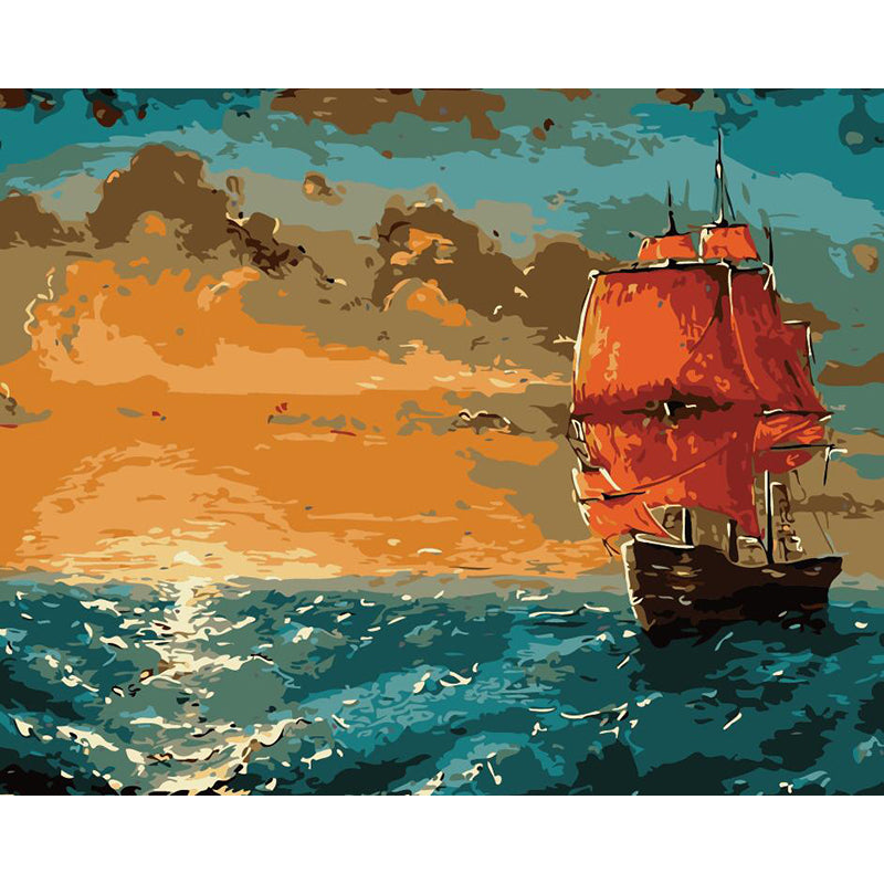DIY Painting By Numbers - Sunset And Sailing Boat(16"x20" / 40x50cm)
