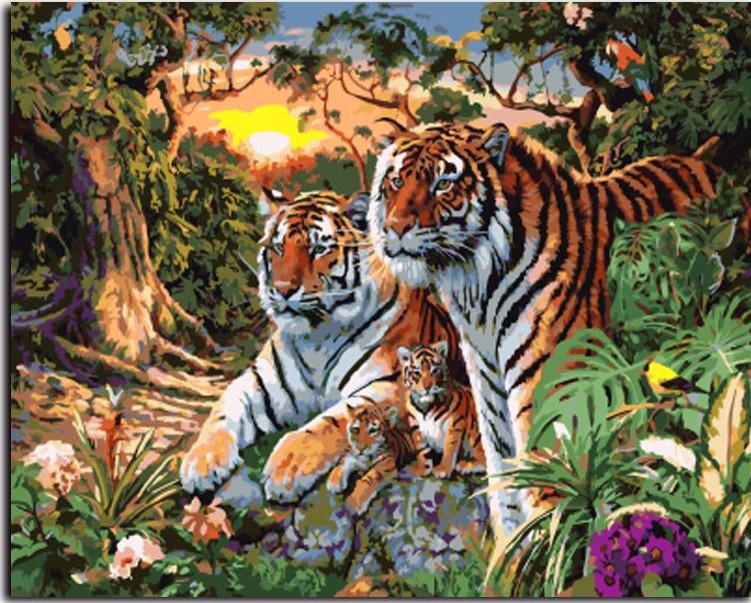DIY Painting By Numbers - Tiger Family (16"x20" / 40x50cm)