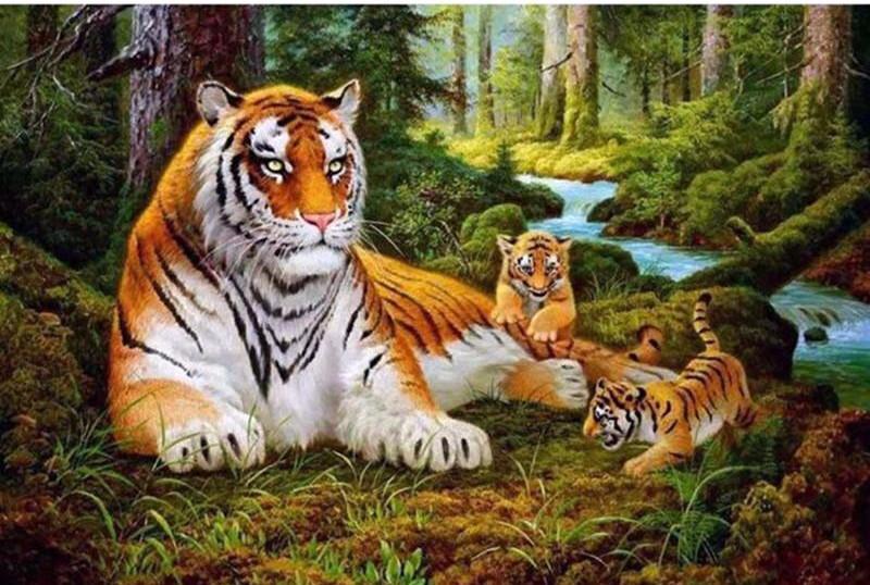 DIY Painting By Numbers - Tigers Family (16"x20" / 40x50cm)