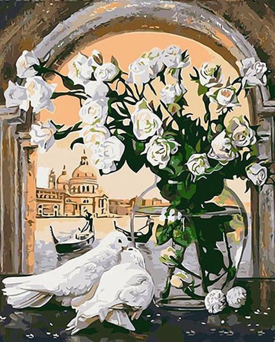 DIY Painting By Numbers - White Pigeons And Flowers (16"x20" / 40x50cm)